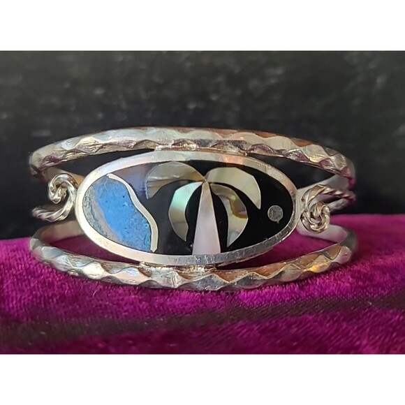 Alpaca Mexico Abalone Shell Beach Scene Cuff Bracelet Vintage - Picture 4 of 10